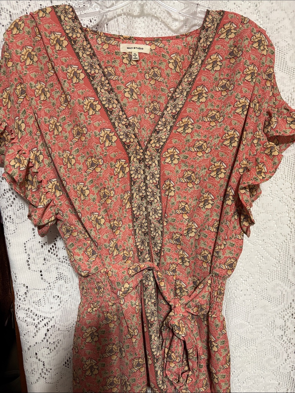 Max Studio Coral Floral V-Neck Tie-Waist Peplum Tunic sizeXL